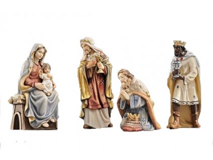 Dřevěné vyřezávané vyobrazení Panny Marie s Ježíškem a tří králů, kteří se přicházejí poklonit narozenému Ježíškovi a jeho matce Panně Marii. Sošky jsou vyřezány z javorového dřeva a ručně malovány olejovými barvami .