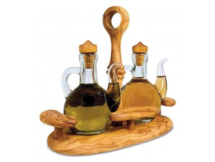 Dřevěný olivový podnos na olivový olej a balsamico
