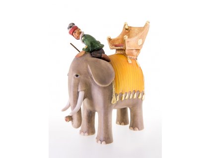 Dřevěná vyřezávaná soška slona s jezdcem.