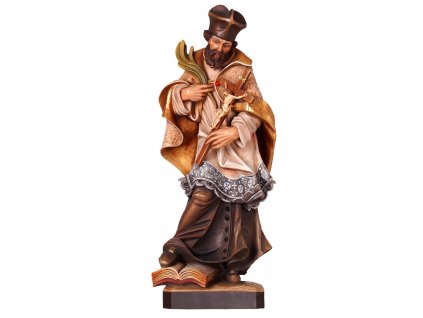 Dřevěná vyřezávaná soška Sv. Jana Nepomuckého. Celostvětově nejznámější český světec je patronem Česka, Bavorska, loďařů, mostů, mlynářů, plavců, rybářů. Hájil práva církve a své povinnosti v úřadu generálního vikáře plnil svědomitě a věrně. To však nebylo po vůli krále Václava IV. který ho nechal zajmout a mučit. Jan při jeho mučení zemřel a jeho tělo bylo shozeno z Karlova mostu do Vltavy.