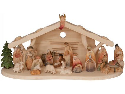 Dřevěný ručně malovaný betlém skládající se ze svaté rodiny, tří králů, osla a vola, čtyř pastýřů, pěti oveček, tří králů, ležícího velblouda, stromečku  a anděla  Gloria oznamujícího radostnou novinu, narození Ježíše Krista. jedná se o orientální ztvárnění vánočního betlému, který je dokonalou součástí vánoční atmosféry.
