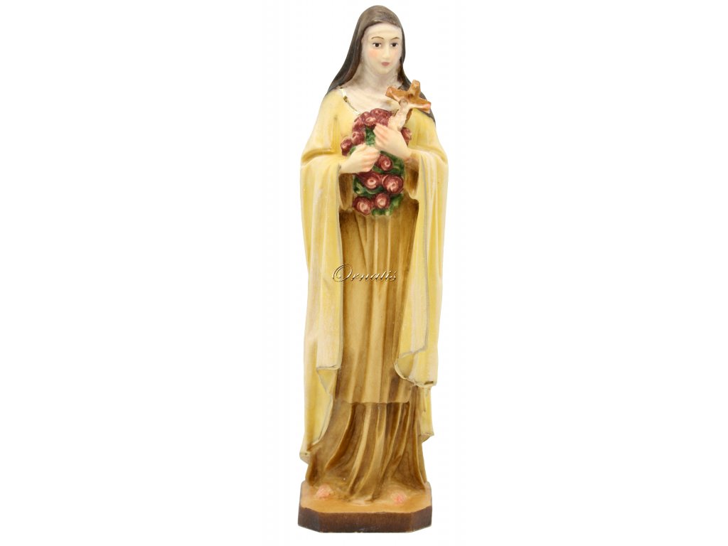 Drewniana rzeźbiona Święta Tereza z Lisieux z różami