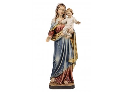 Drevená vyrezávaná soška Panny Márie s Ježiškom. Drevená vyrezávaná, ručne maľovaná soška Madony s Ježiškom v náručí. Predaj drevenej Madony je možný aj v prírodnom prevedení alebo vo farbe dreva, z ktorého je soška vyrezaná.