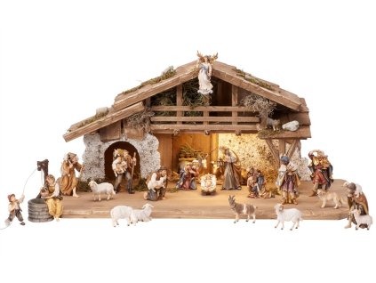 Vianočný drevený ručne opracovaný betlehem, ktorého súčasťou je 23 figúrok s veľkosťou 9, 11 a 15 cm, znázorňujú Svätú rodinu, anjela Gloria, osla, vola, ovečky, tri kráľa prinášajúce dary, psíka, kozu, mačku, pútnika, žena pri studni s chlapcom, a tri pastiera. Tento tradičný betlehem je vyrobený z dreva sa ponúka v prírodnej a maľované variante. Pre výrobu betlehemu je použité iba kvalitné drevo a majstrovská rezbárska práca je prepracovaná do najmenších detailov. Drevený betlehem je možné rozširovať o ďalšie postavy podľa aktuálnej ponuky. Predaj drevených betlehemov.
