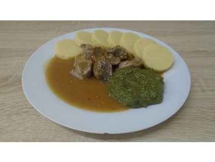 Vepřové špalíčky na česneku,bramborový knedlík,špenát (1,3,7,9)