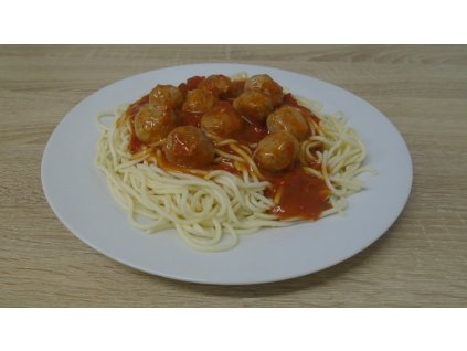 Špagety s masovými kuličkami, omáčka z drcených rajčat