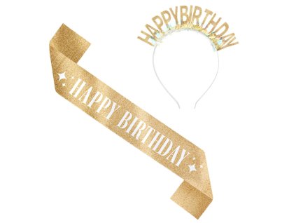 Narozeninová šerpa a korunka Happy Birthday zlatá
