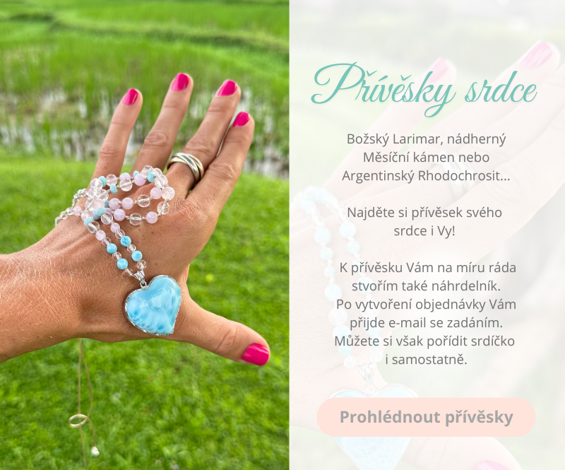 Přívěsky srdce Larimar, Měsíční kámen, Rhodochrosit, ametyst, stříbro