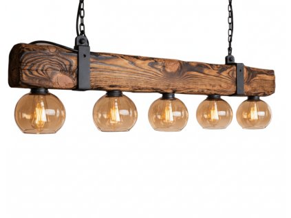 Dřevěný lustr na řetězu RUSTIC GLASS 120 cm 5xE27 tmavé dřevo