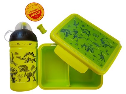 Kvalitní set lahvičky a krabičky s antibakteriálním účinkem RB Mědílek Dinosauři v zelené barvě