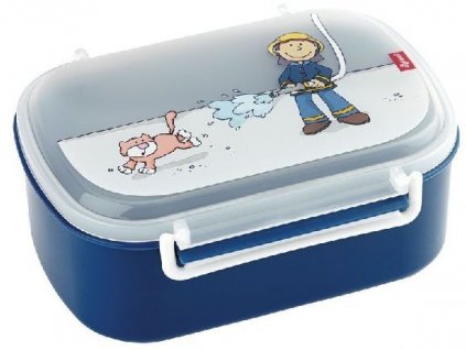 Kvalitní dětská plastová krabička na svačinu s druhou odjímatelnou krabičkou na ovoce Sigikid Frido Firefithter v modré barvě
