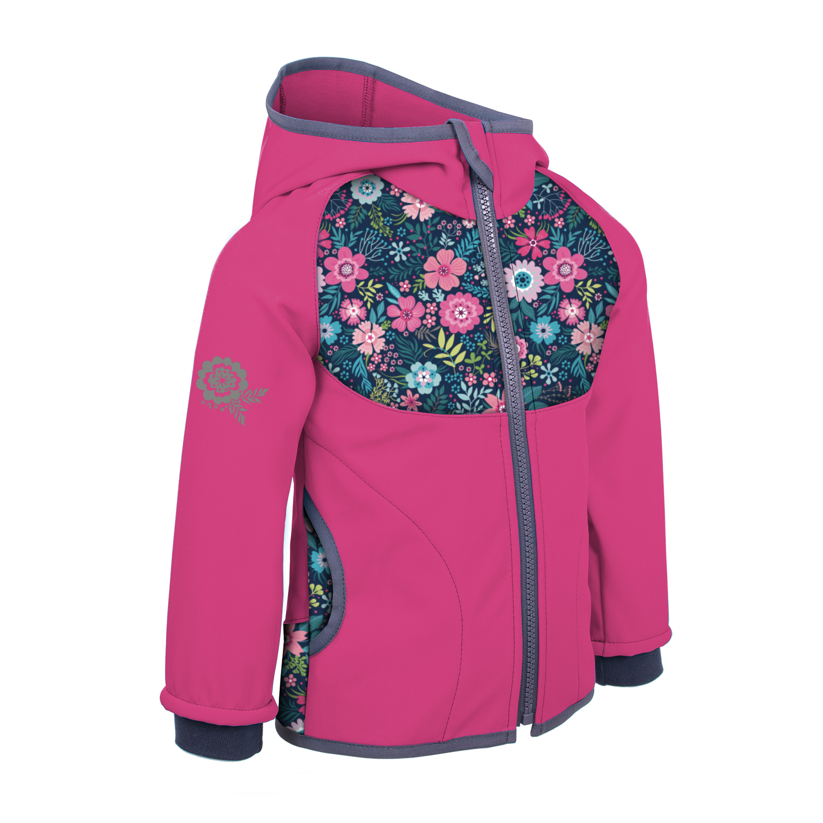 E-shop Unuo, Dětská softshellová bunda s fleecem, fuchsiová, Květinky
