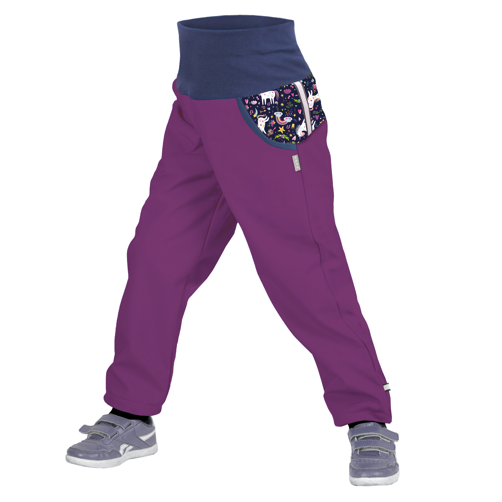 E-shop Unuo, Dětské softshellové kalhoty s fleecem, Ostružinová, Jednorožci