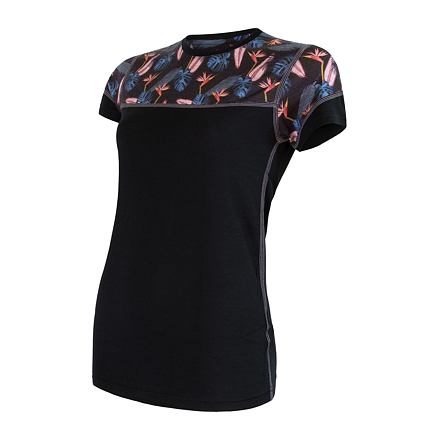 E-shop SENSOR MERINO IMPRESS dámské triko kr.rukáv černá/floral