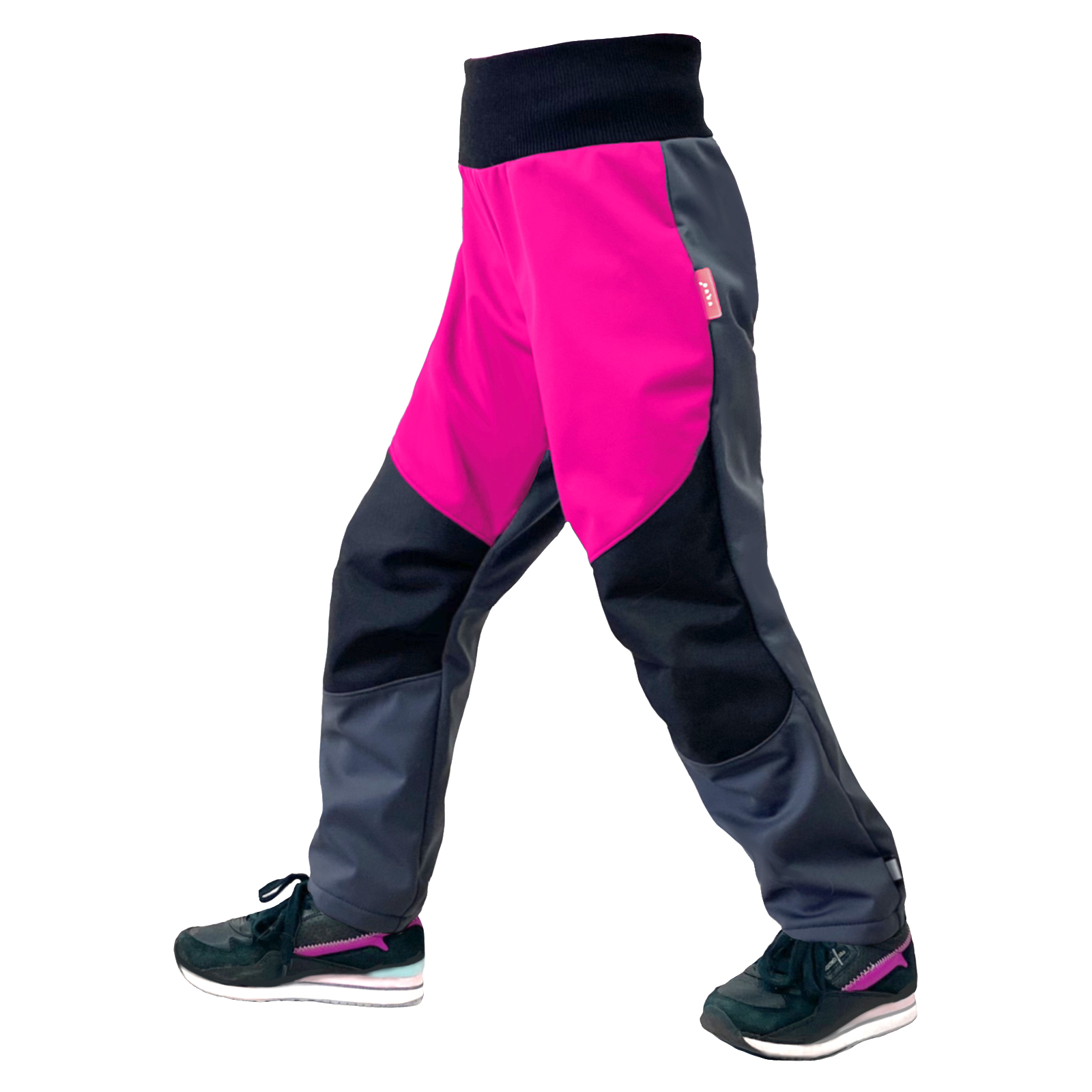E-shop Unuo, Dětské softshellové kalhoty s fleecem pružné Flexi, Tm. Šedá, Fuchsiová