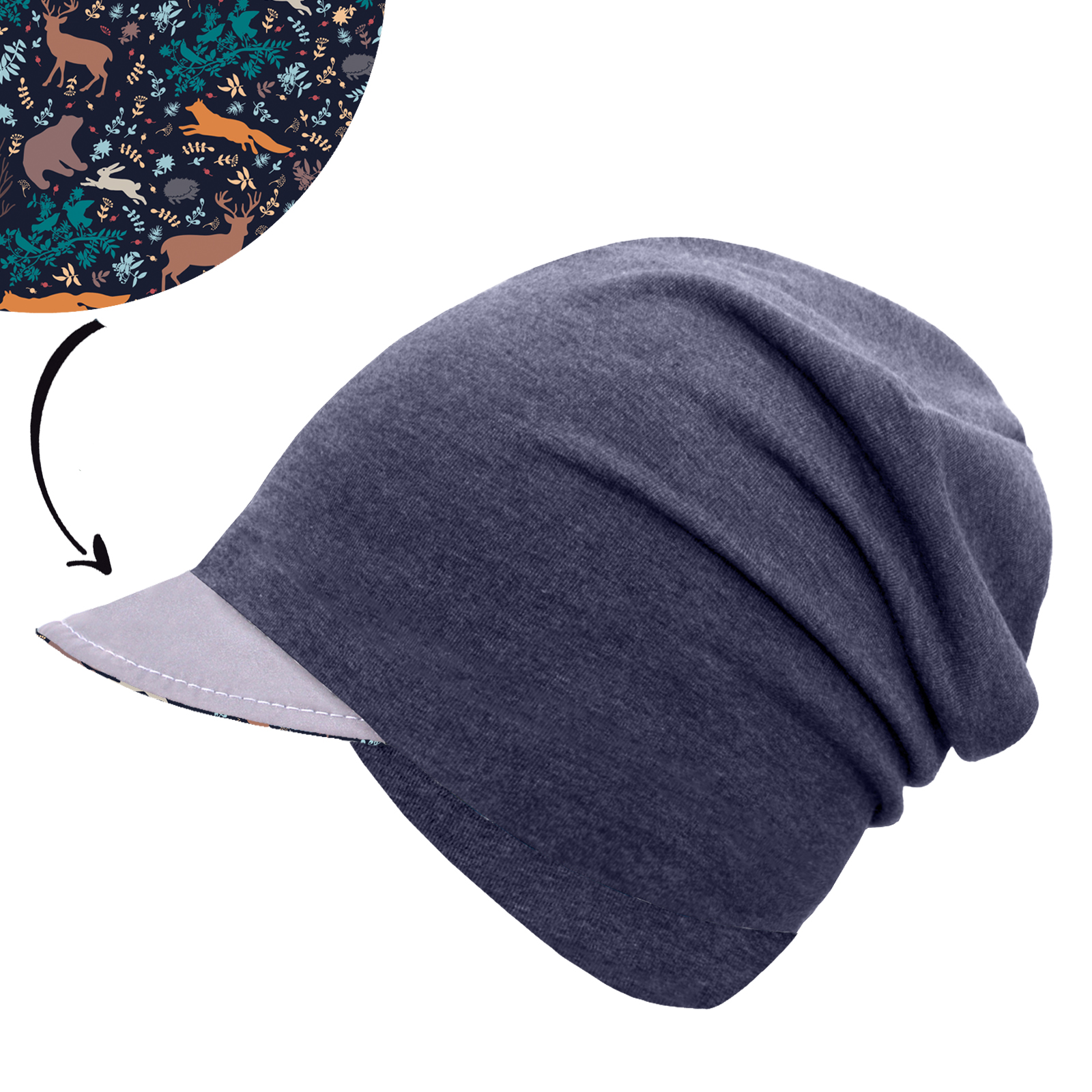 Unuo, Dětská čepice z teplákoviny s reflexním kšiltem spadená, Jeans temný, Noční zvířátka Velikost: M