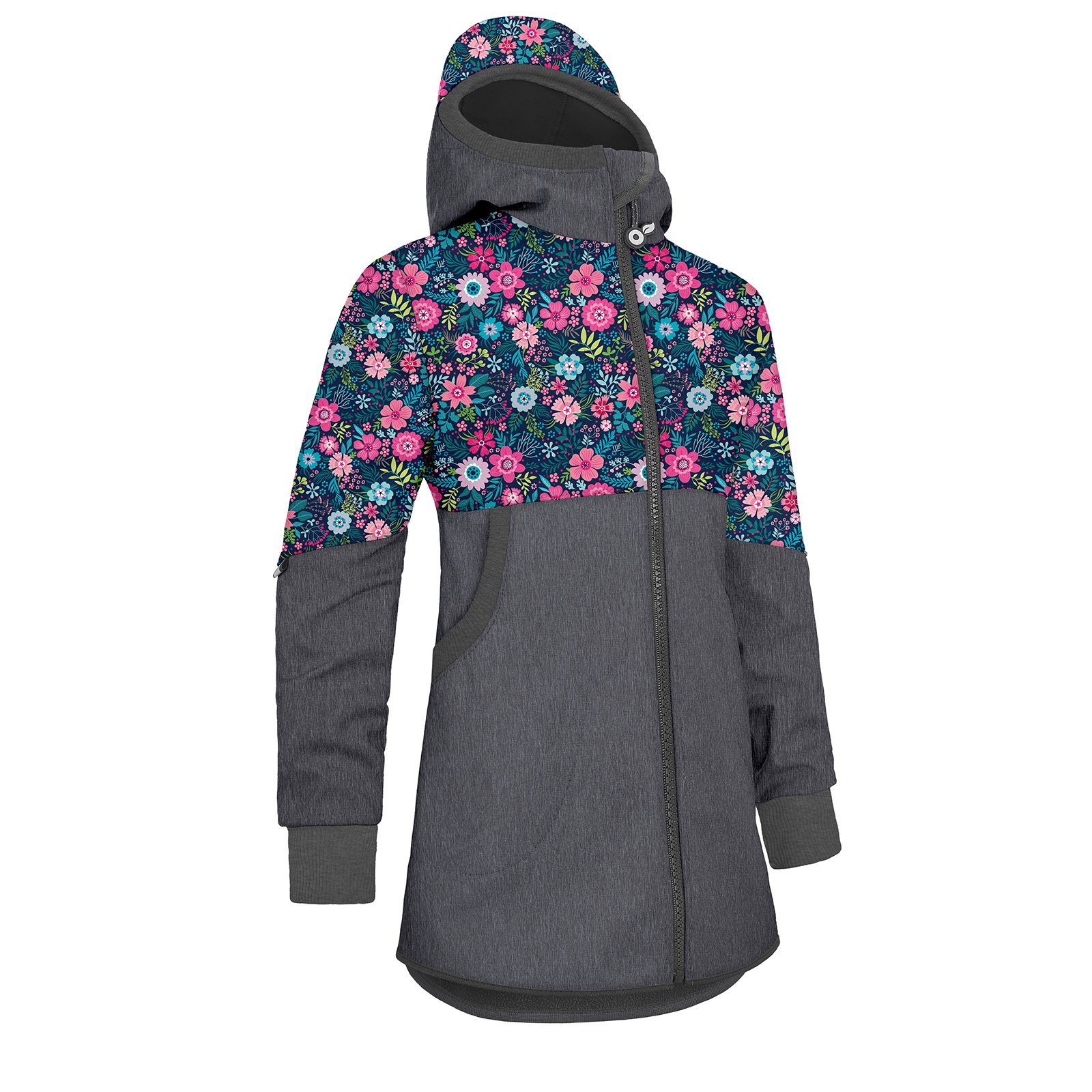 E-shop Unuo, Dívčí softshellový kabát s fleecem Street, Žíhaná Antracitová, Květinky