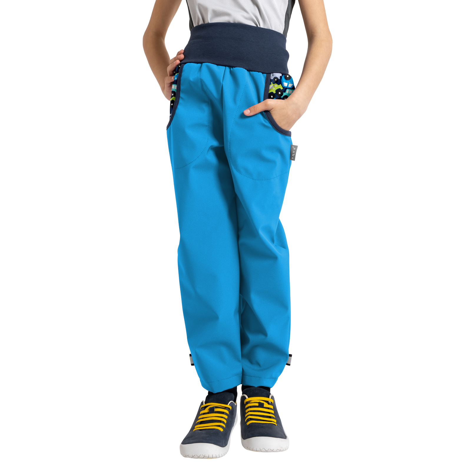 E-shop Unuo, Dětské softshellové kalhoty s fleecem Basic, Tyrkysová, Autíčka