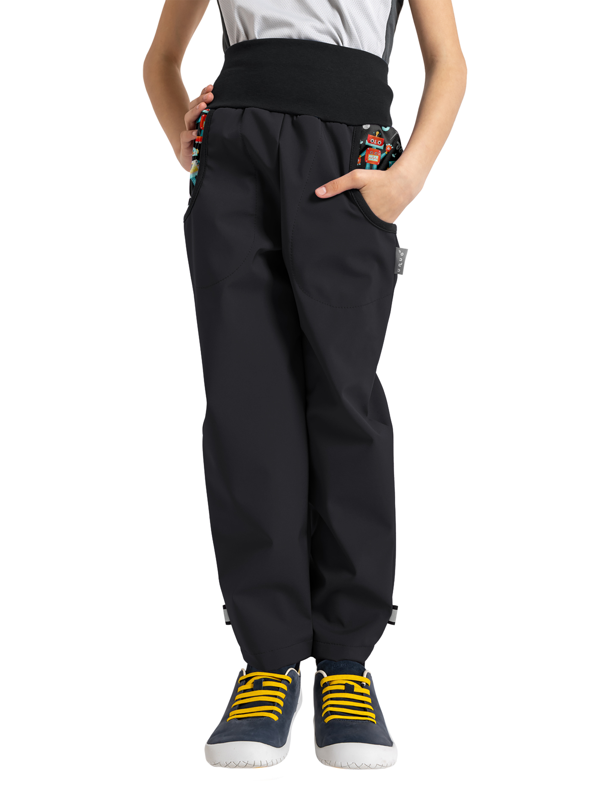 E-shop Unuo, Dětské softshellové kalhoty s fleecem Basic, Černá, Roboti