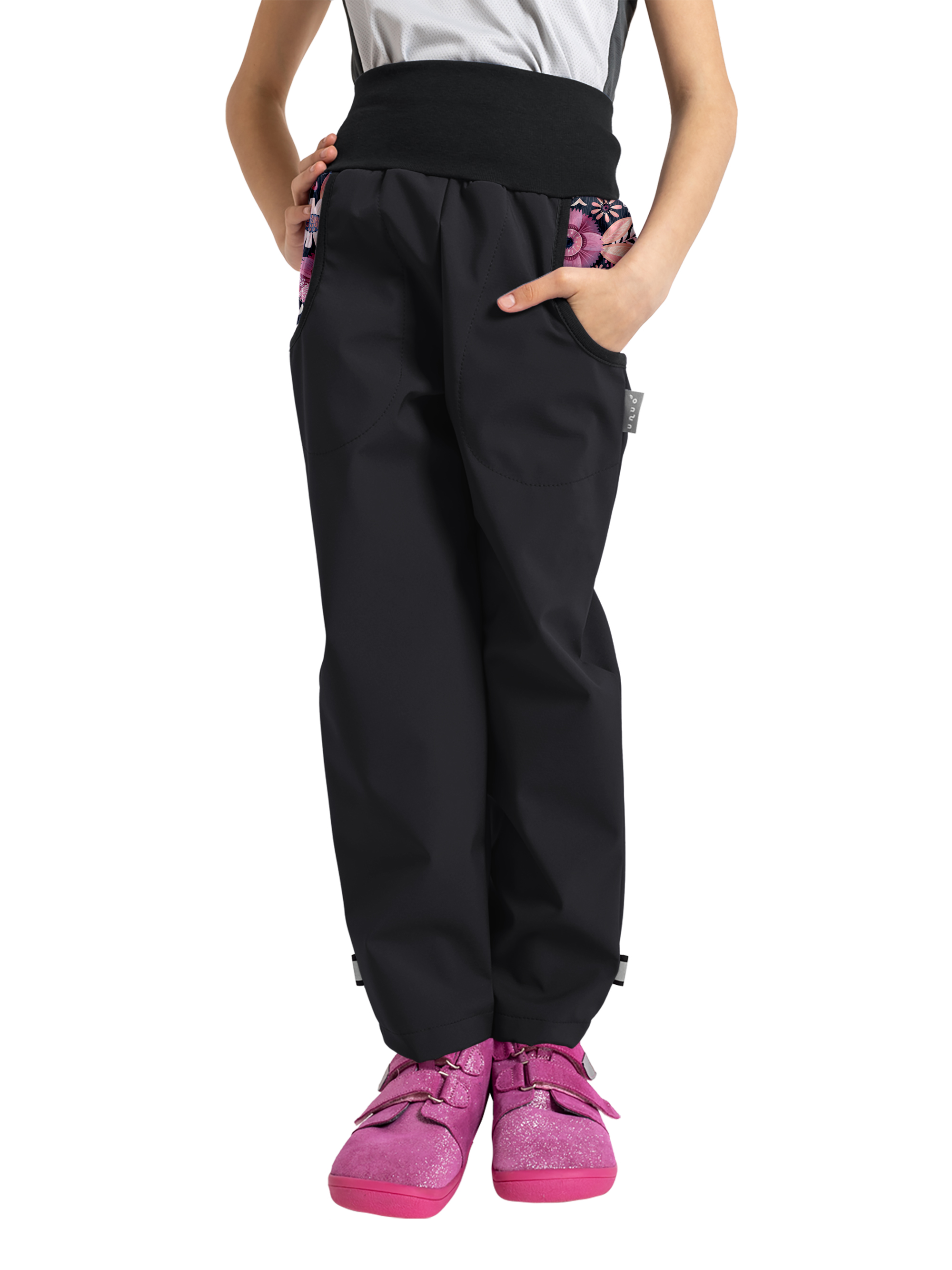 E-shop Unuo, Dětské softshellové kalhoty s fleecem Basic, Černá, Kouzelné květiny