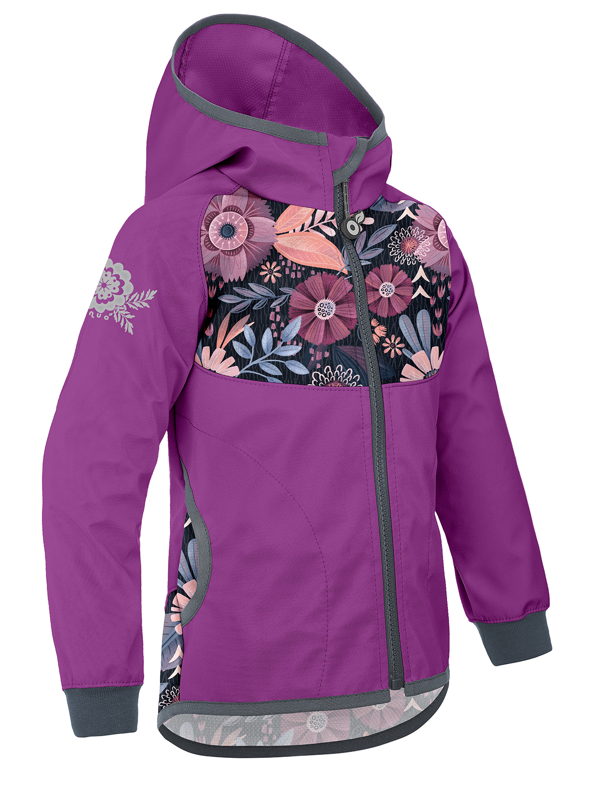 E-shop Unuo, Dětská softshellová bunda bez zateplení Basic, Ostružinová, Kouzelné květiny