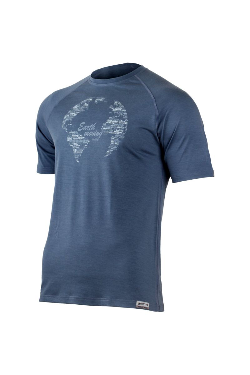 Lasting EARTH 5656 modré pánske vlnené merino tričko s tlačou Veľkosť: XL