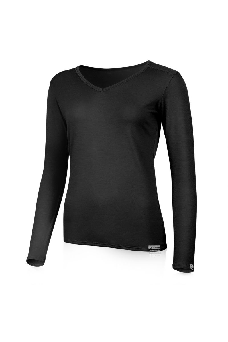 Lasting EVA 9090 čierna merino tričko s výstrihom Veľkosť: L