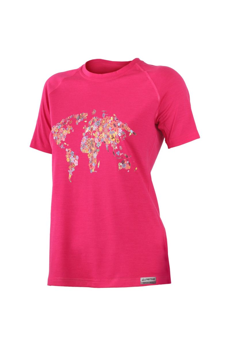 Lasting FLOWER 4747 ružové vlnené merino tričko s tlačou Veľkosť: L 8595067830209