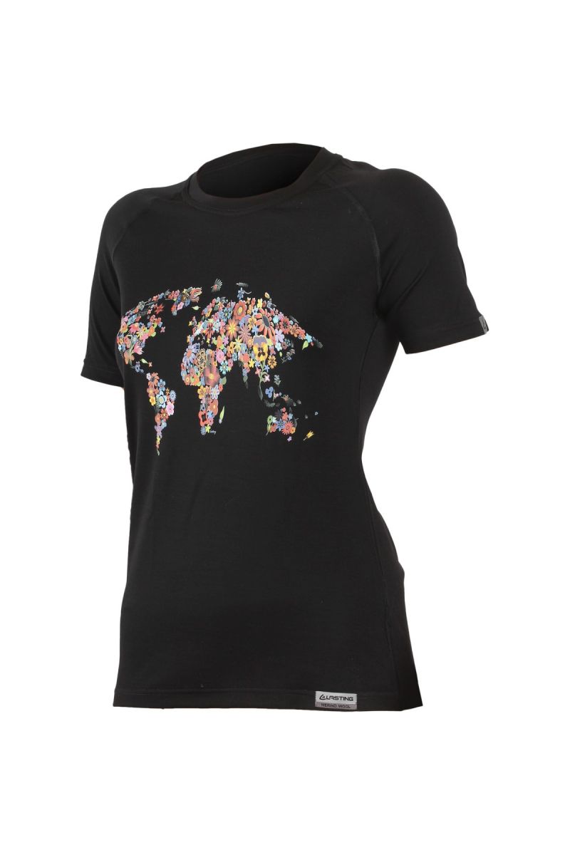 Lasting FLOWER 9090 čierne vlnené merino tričko s tlačou Veľkosť: S 8595067831206