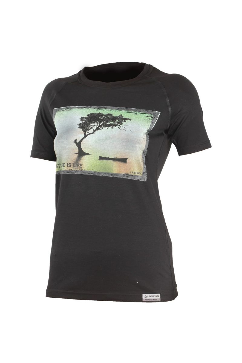 Lasting LAKE 9090 čierne vlnené merino tričko s tlačou Veľkosť: M 8595067865461