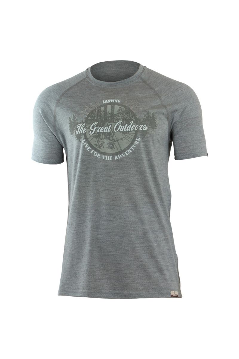 Lasting LUCAS 8484 šedé pánske vlnené merino tričko s tlačou Veľkosť: S