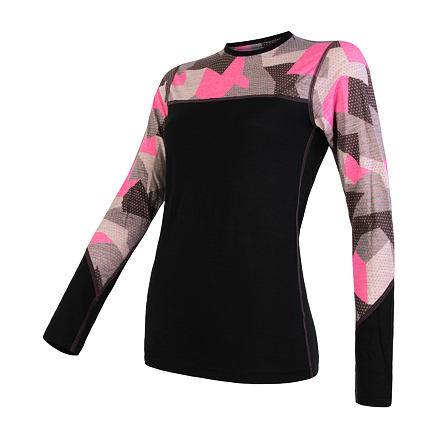 SENSOR MERINO IMPRESS dámske tričko dl.rukáv čierna / ružová camo Veľkosť: S 8592837061597
