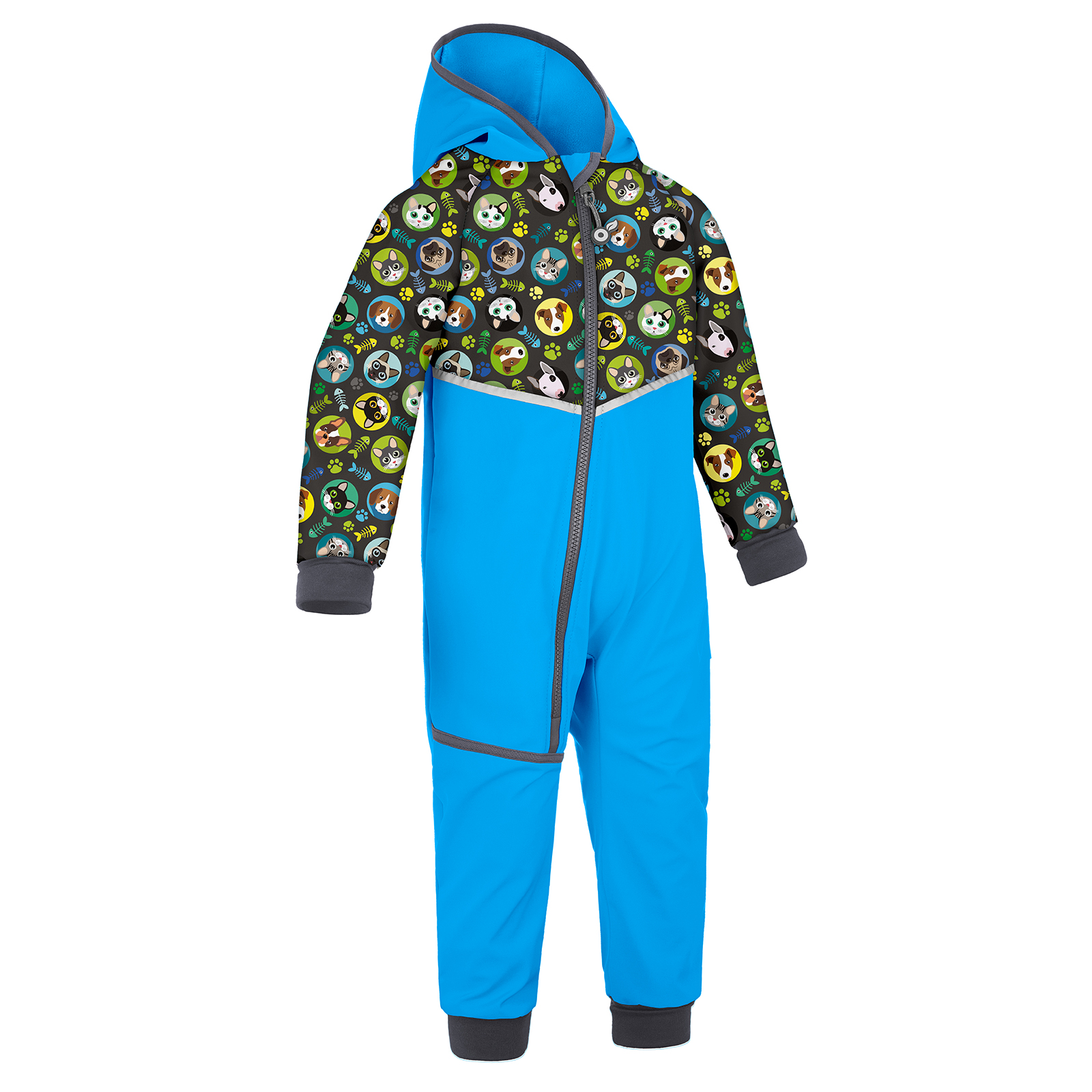 Unuo Unuo, Batoľacia softshellová kombinéza s fleecom Mini, Tyrkysová, Mačka pes chlapec Veľkosť: 74/80 8596227103461