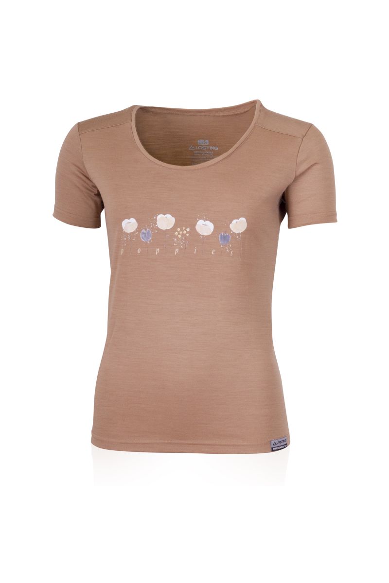 Lasting dámske merino tričko s tlačou POPPY hnedé Veľkosť: L