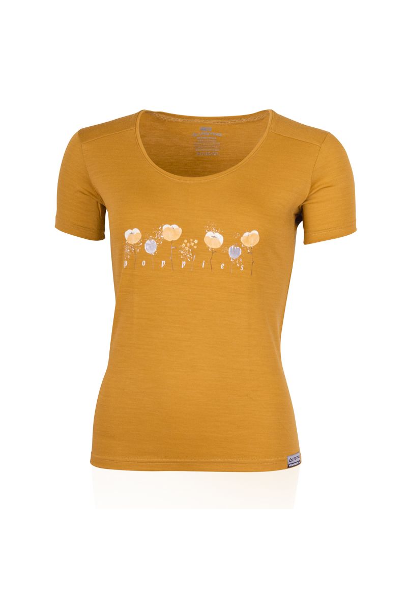 Lasting dámske merino tričko s tlačou POPPY horčicové Veľkosť: S