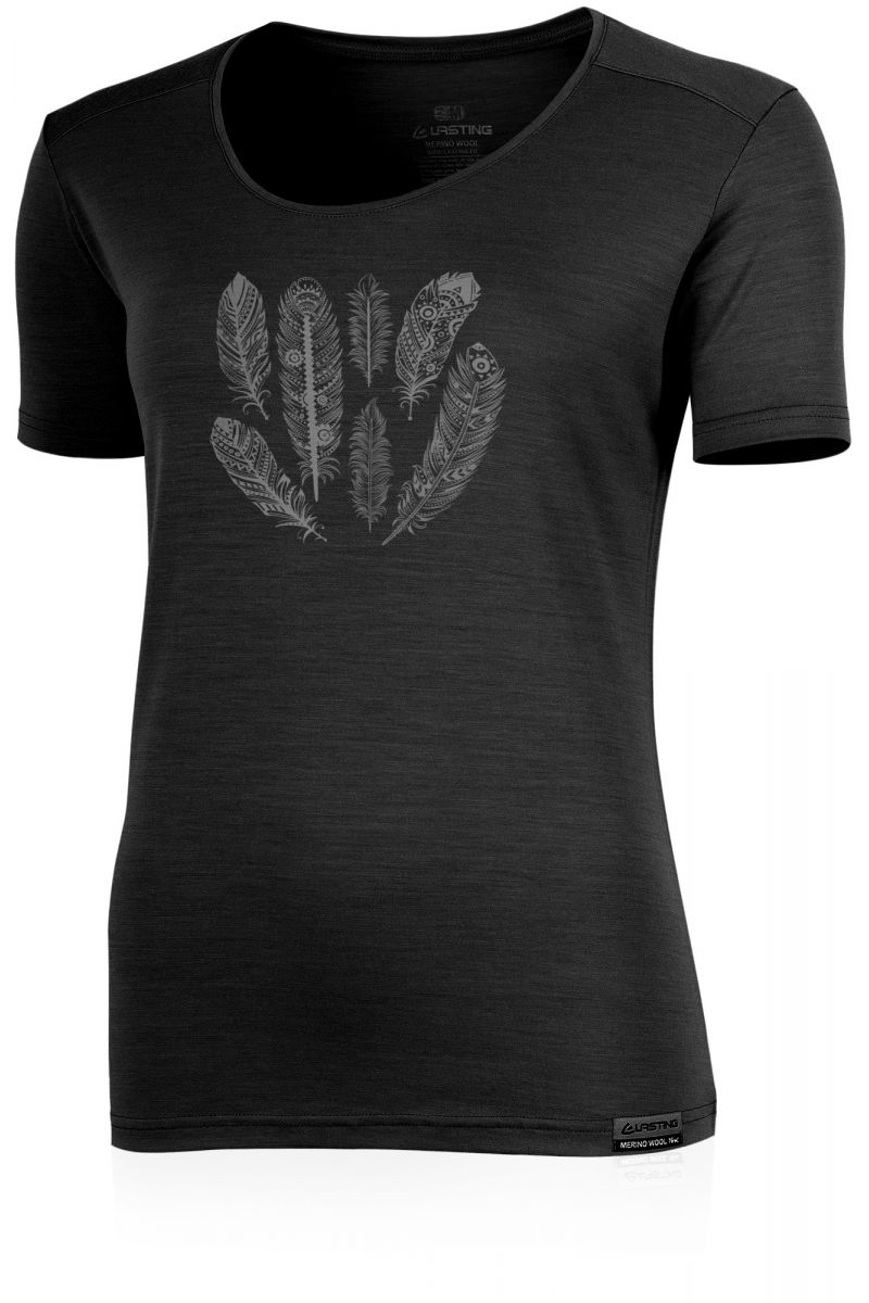 Lasting dámske merino tričko s tlačou AVA čierne Veľkosť: L 8595067904481