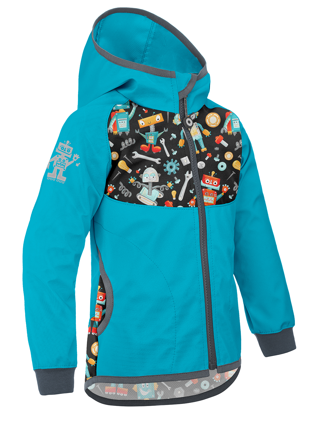 Unuo Unuo, Detská softshellová bunda bez zateplenia Basic, Smaragdová, Roboti Veľkosť: 86/92 8596227120468