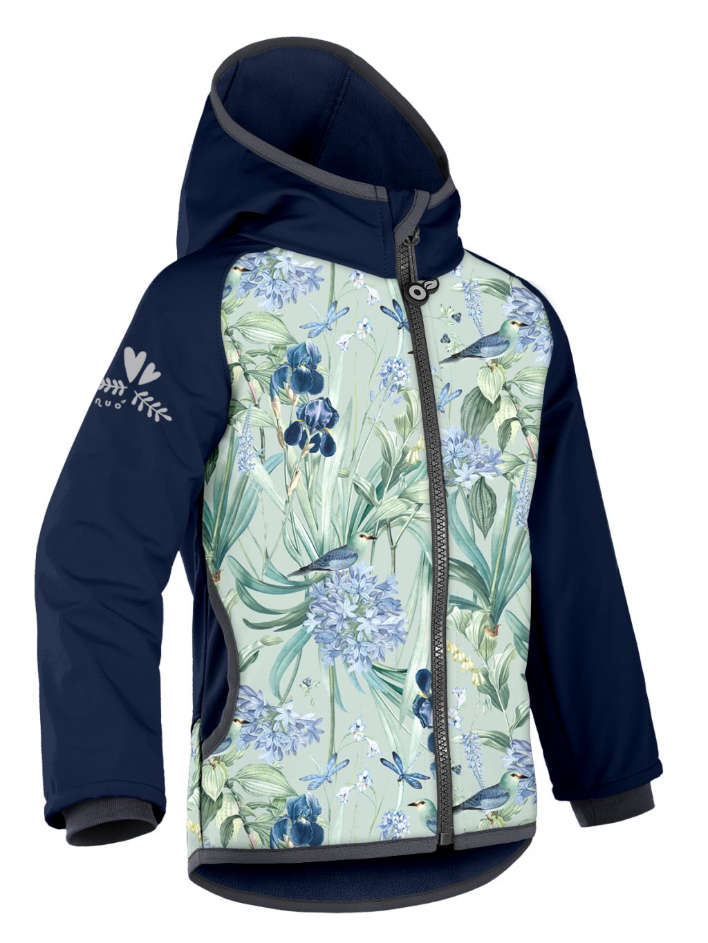 Unuo Unuo, Detská softshellová bunda s fleecom Basic, Tm. Modročierna, Vtáčiky s kosatcami Veľkosť: 86/92 8596227128754