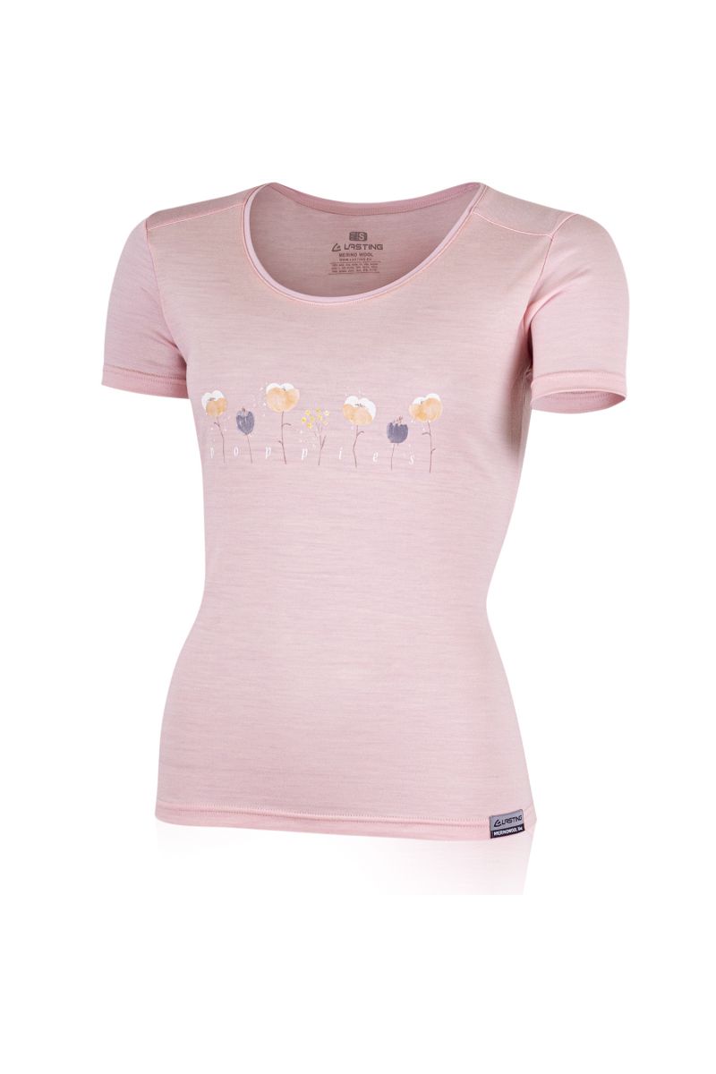 Lasting dámske merino tričko s tlačou POPPY ružové Veľkosť: XL 8596445059304