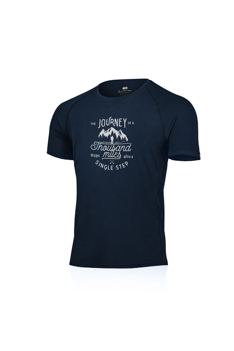 Lasting pánske merino tričko s tlačou JOURNEY modré Veľkosť: L pánske tričko