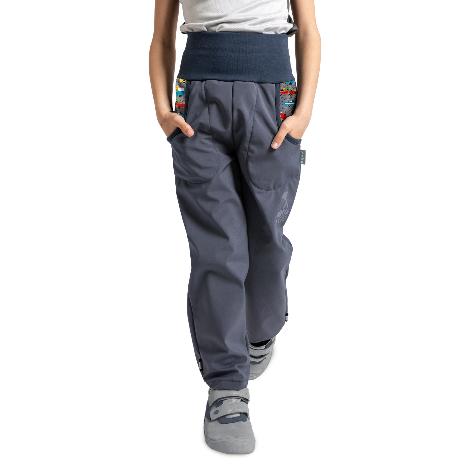 Unuo Unuo, Detské softshellové nohavice s fleecom Basic, Tm. Šedá, ZOO na výlete Veľkosť: 92/98