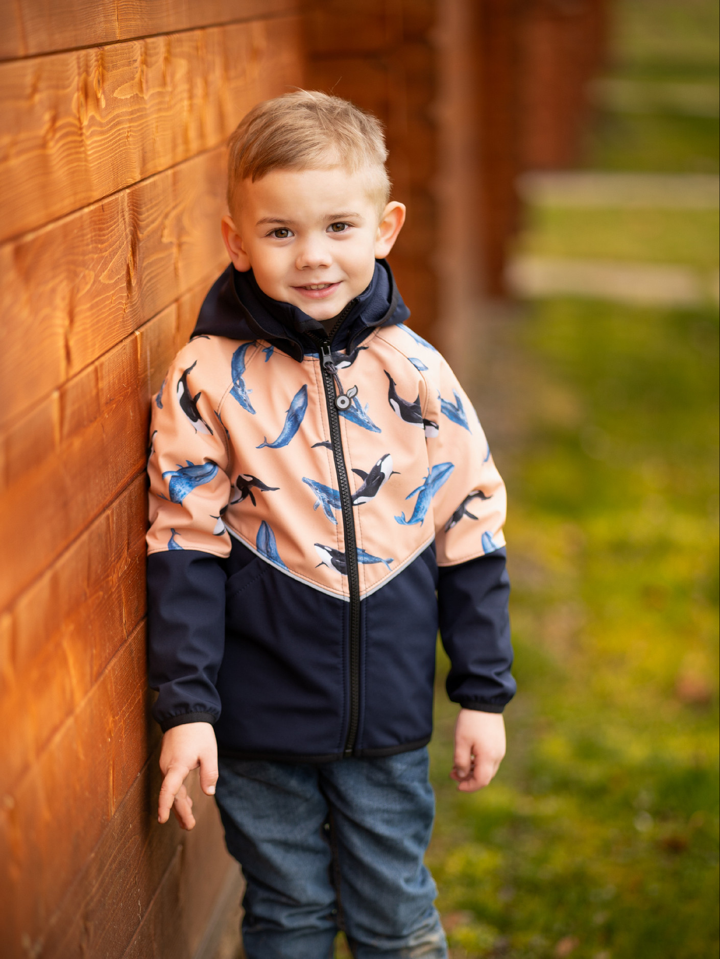 Unuo Unuo, Detská softshellová bunda s fleecom Slim, Tm. Modročierna, Marhuľová, Veľryby Veľkosť: 92/98 8596227138494