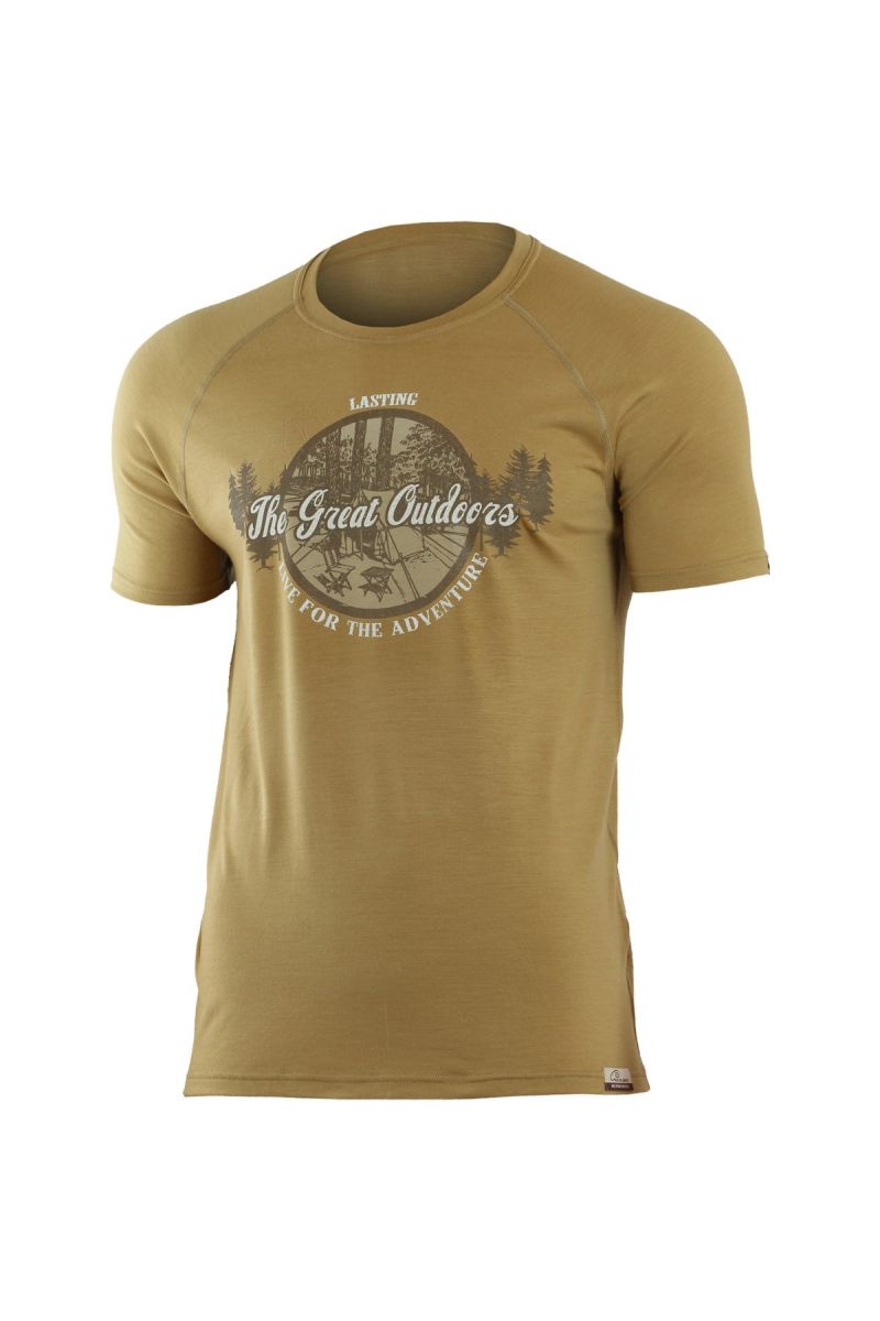 Lasting LUCAS 6868 hnedé pánske vlnené merino tričko s tlačou Veľkosť: M