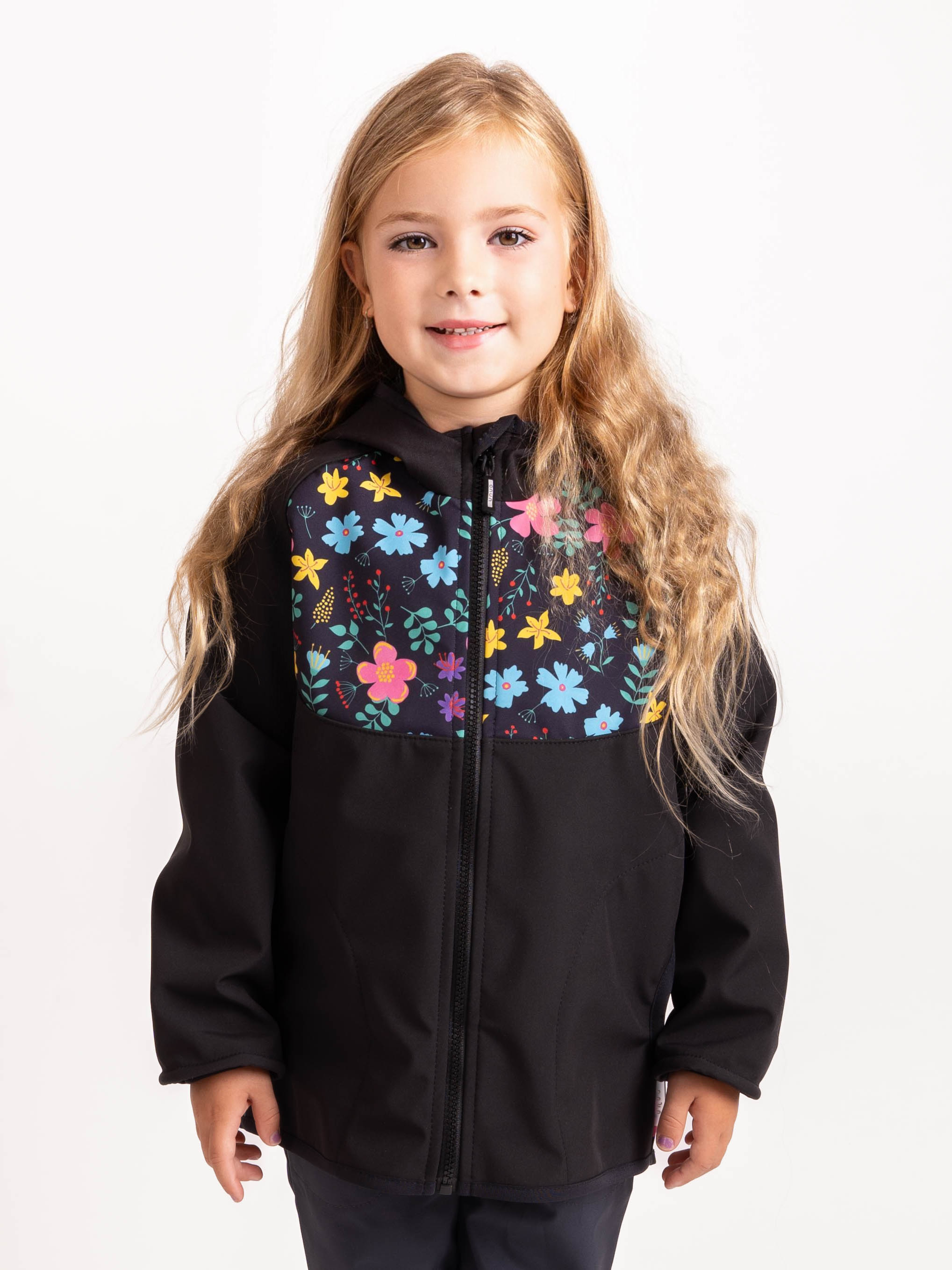 Unuo Unuo, Detská softshellová bunda s fleecom Basic, Čierna, Kytičky Veľkosť: 104/110 8596227149360