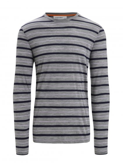 ICEBREAKER Mens Wave LS Tee Stripe, Metro Heather/Midnight Navy