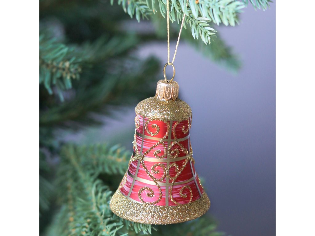 Skleněný vánoční zvoneček se zlatým dekorem