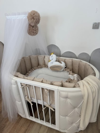 Kulatá rostoucí postýlka Elegance 9v1 bílá ekokůže s knoflíky  postýlka 9v1 Elegance s knoflíky