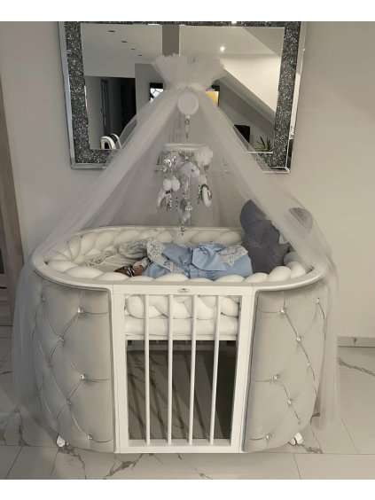 Kulatá rostoucí postýlka Elegance 9v1 světle šedý velur s kameny Swarovski  rostoucí postýlka 9v1 Elegance s kameny swarovski