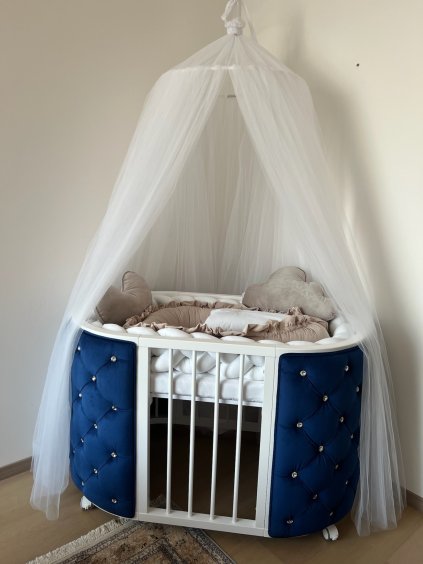 Kulatá rostoucí postýlka Elegance 9v1 tmavě modrý velur s kameny Swarovski