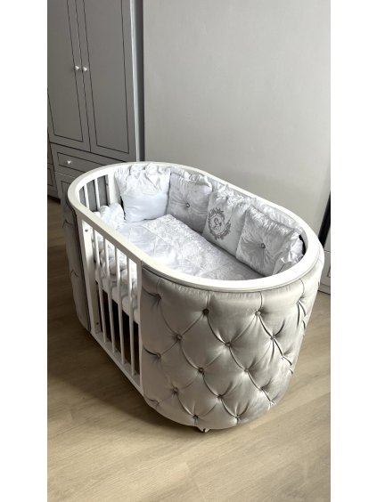 Kulatá rostoucí postýlka Elegance 9v1 světle šedý velur s knoflíky